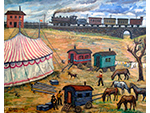 Circo en la estacin. Antonio Torres Lpez (leo sobre lienzo, 1980-1989) Medidas: 81 x 100 cm. Donacin: Ana de Koning - Pieza IG: 03546