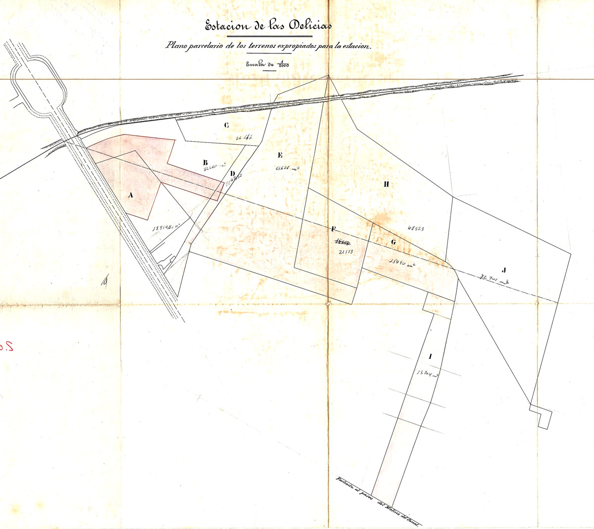 Plano parcelario de los terrenos expropiados para la estación de Delicias. Año 1885. <i>Gerencia de Patrimonio y Urbanismo Centro. Adif</i>