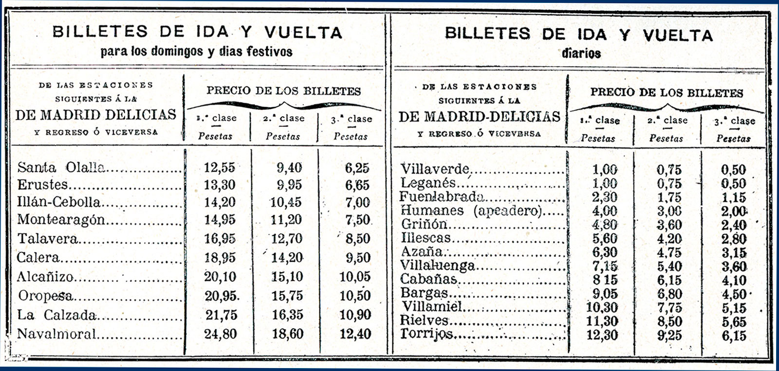 Tarifas extraídas del Álbum-Guía de la Compañía MCP y Oeste de España. Año 1913. <i>BF-MFM</i>