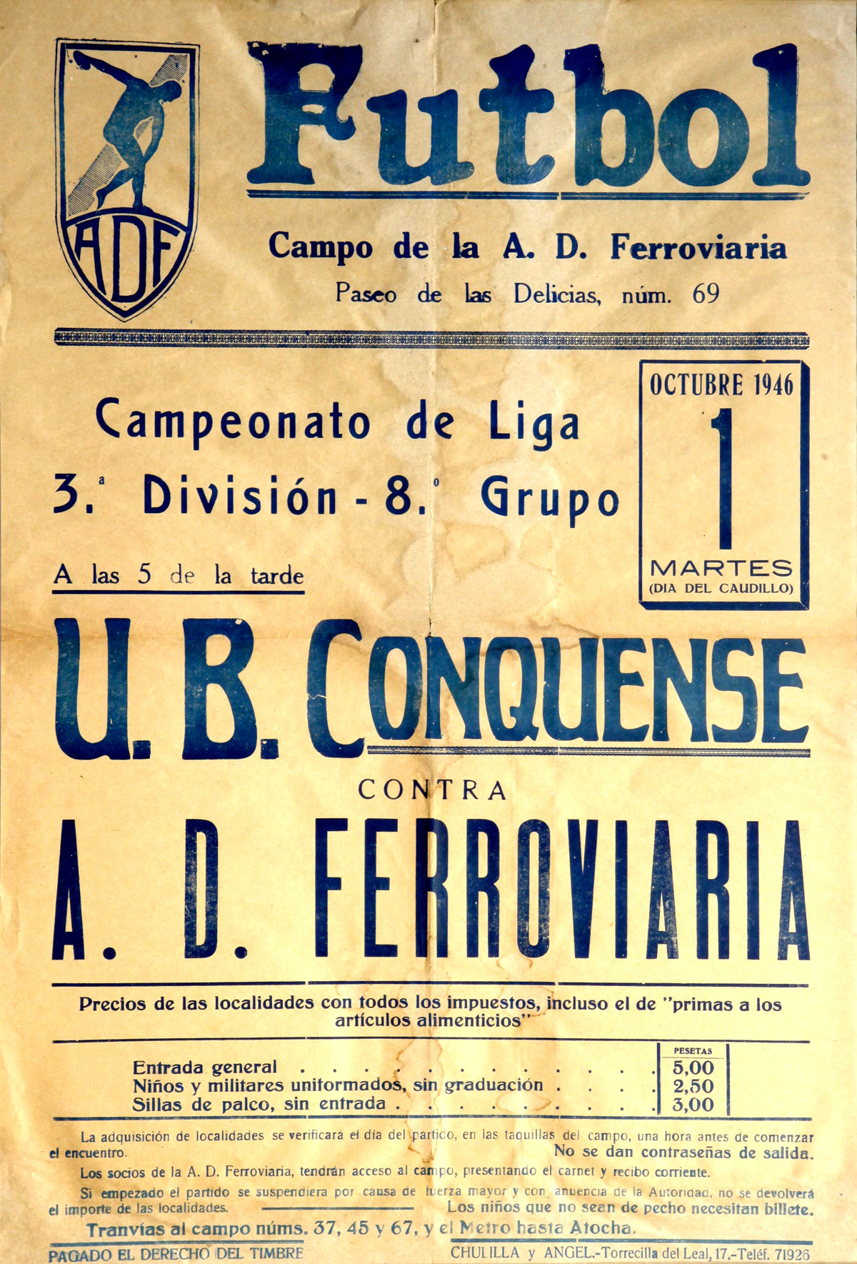 Cartel de fútbol en el campo de la AD Ferroviaria. 1-oct-1946. <i>BF-MFM</i>