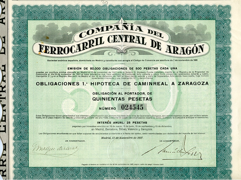 Obligación de la Compañía del Ferrocarril Central de Aragón. Año 1927. Sign. IG-5963