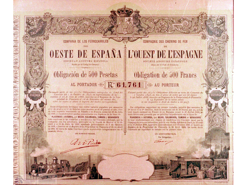 Obligación de la Compañía de los Ferrocarriles del Oeste de España. Año 1894. Sign. IG-0588