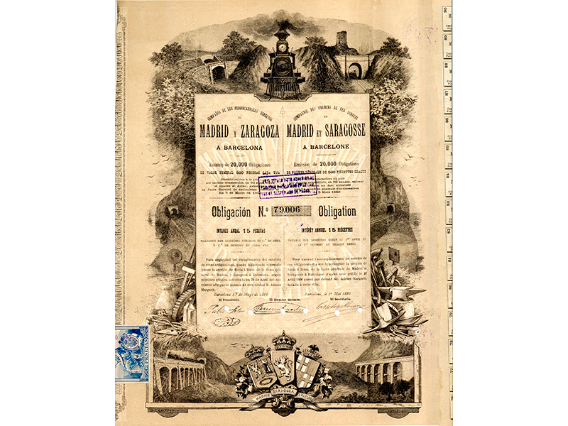Obligación de la Compañía de los Ferrocarriles Directos de Madrid y Zaragoza a Barcelona. Año 1886. Sign. O-0024