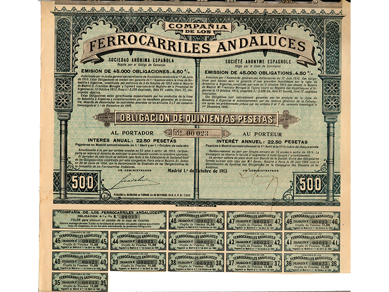 Obligación de la Compañía de los Ferrocarriles Andaluces. Año 1913. Sign. O-0051