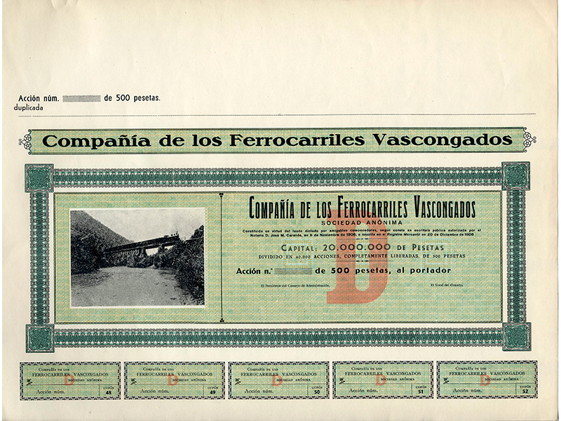 Prueba de imprenta de acción de la Compañía de los Ferrocarriles Vascongados, S.A. Año 1906. Sign. O-0052