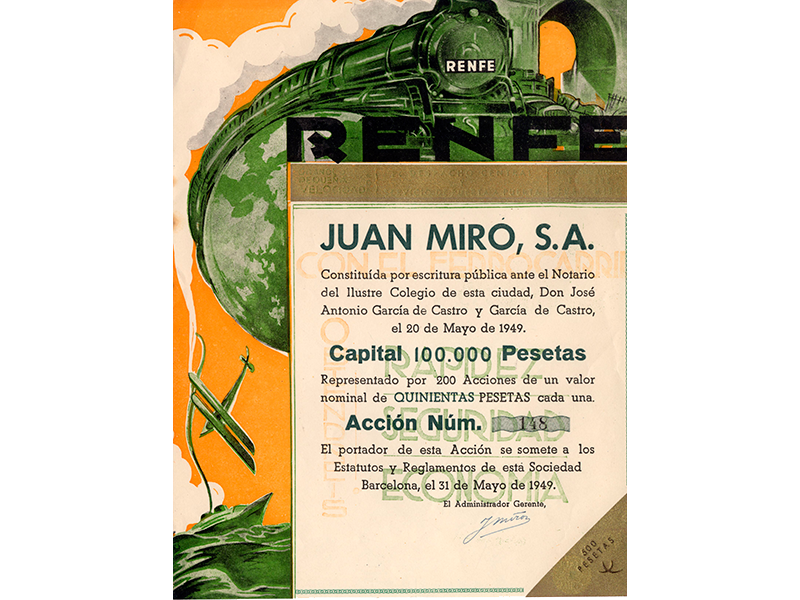 Acción de Juan Miró, S.A. (RENFE). Año 1949. Sign. O-0059