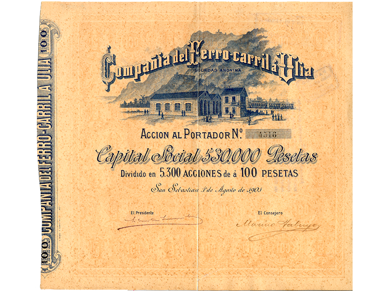 Acción de la Compañía del Ferrocarril a Ulia, S.A. Año 1914. Sign. O-0068