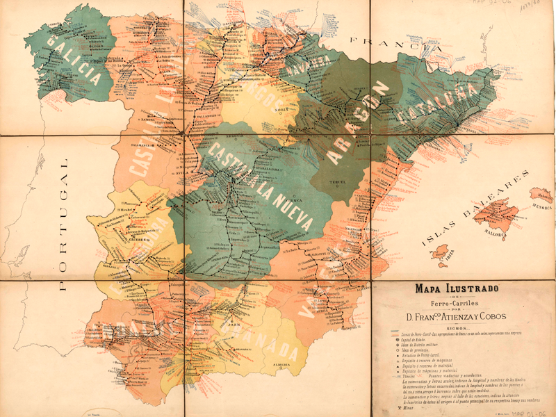 Mapa ilustrado de ferrocarriles. Francisco Atienza Cobos . Aprox. 1882. Signatura MAP 01-06