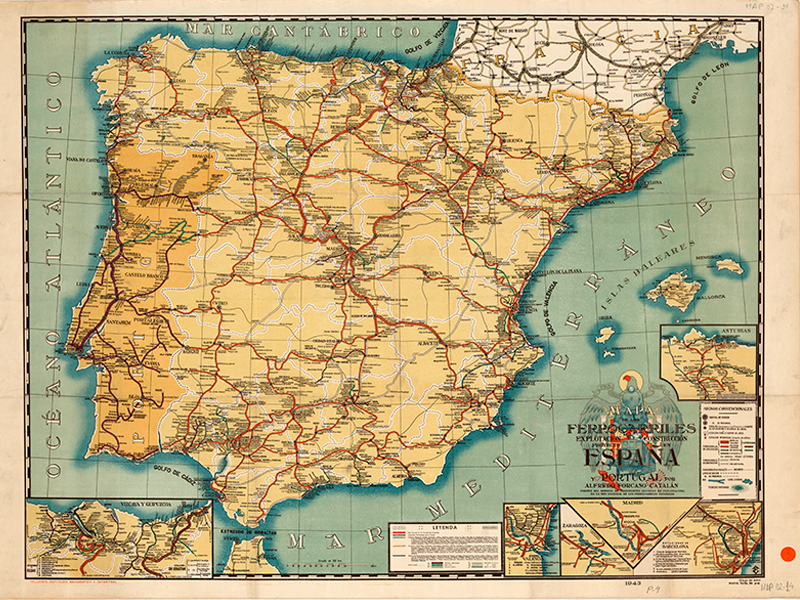 Mapa de los ferrocarriles en explotación, construcción y proyecto en España y Portugal. Alfredo Forcano Catalán. 1943. Signatura MAP 02-14