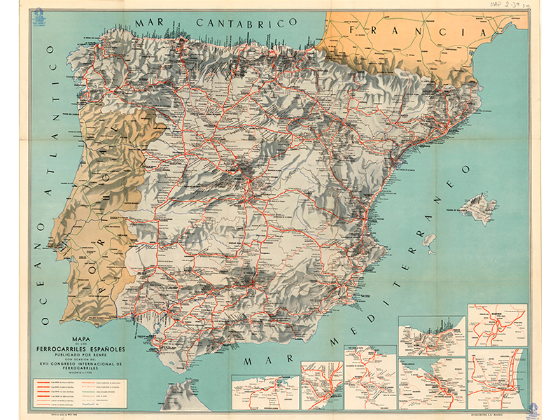 Mapa de los ferrocarriles españoles - Carte des chemins de fer espagnols publiee par la RENFE. 1958. MAP 02-39