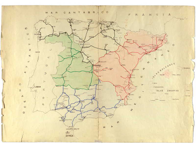 Mapa con las líneas de las cuatro grandes redes ferroviarias, posible división de la Red General Nacional. Año 1918. Sign. P-0002-019
