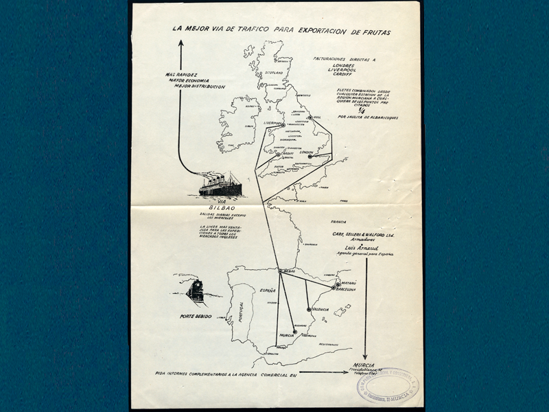 Mapa con la mejor vía de tráfico para exportación de frutas de España a Inglaterra. Año 1932. Sign. D-0758-013