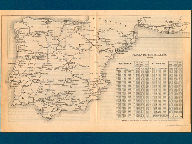 Mapa de las líneas españolas con las distancias de aplicación para los itinerarios de los billetes circulares a voluntad del viajero]. Precios de los billetes. Año ca. 1900. D-0797-029