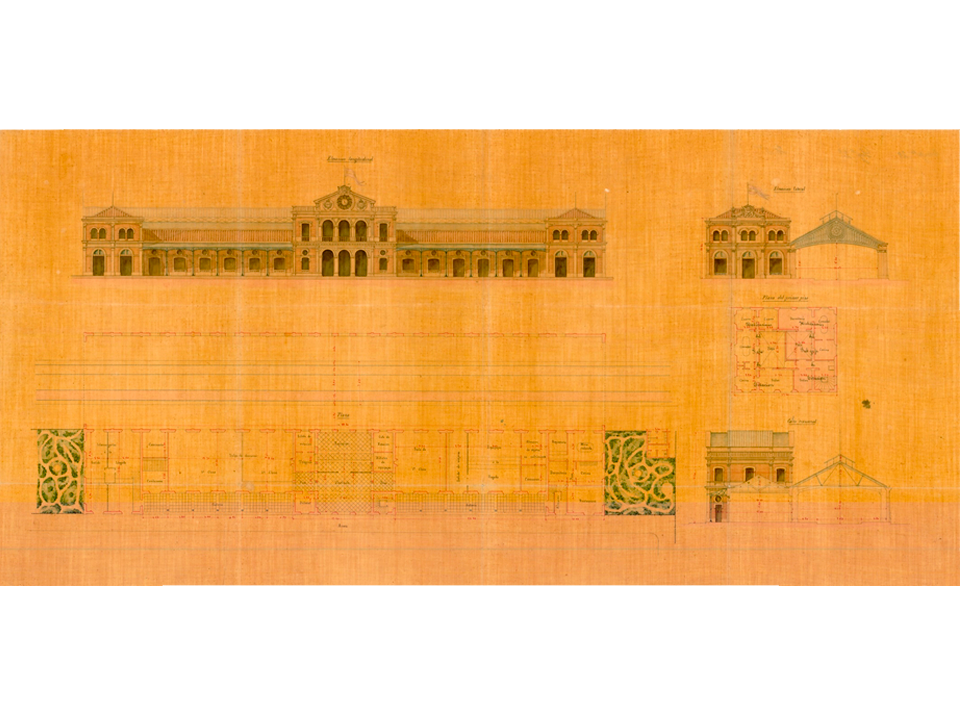 Plano de la estación definitiva de Jerez realizado por el arquitecto Leon Beau. Año 1862. Sign. A-0206-001