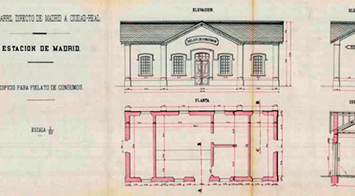 Edificio para fielato de consumos. Plano del proyecto realizado por el ingeniero Jos Antonio Calleja el 7 de abril de 1880.