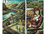 Ayer...y Hoy... / Viaje por RENFE. Jos Estbanez (baldosa hidrulica pintada a mano, 1969) Medidas: 61 x 41 cm y 81 x 40 cm. Cesin: RENFE [Estacin Las Fraguas] - Piezas IG: 06000-06001